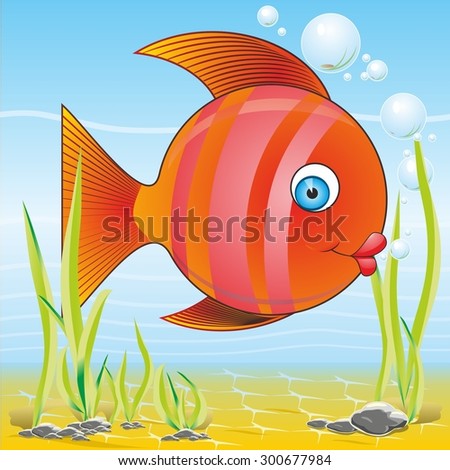 beautiful large red rainbow fish with fins swims in clean blue, blue water, surrounded by seaweed and bubbles, vector