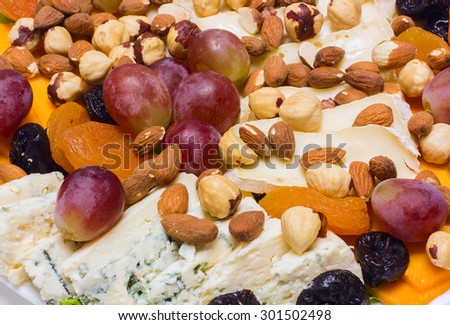 Assorted Cheeses with Grapes and Nuts on Platter