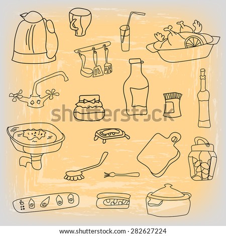 Set of vector illustrations for kitchen - food, dishes, dinnerware.
Isolated on a black background for cafe menu, fliers, chalkboard.
