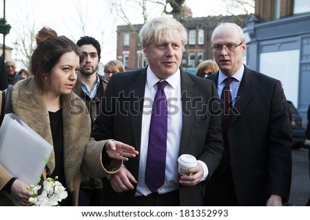 LONDON - MARCH 13: London Mayor Boris Johnson vizited small local businesses in Kew.  March 13, 2014  near Kew Garden London, England.