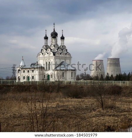 village of Tainiskoye district of Mytishchi. Russia. Junction between city and country. Church of the Annunciation in the village Tainiskoye (architectural monument, 1675-1677)