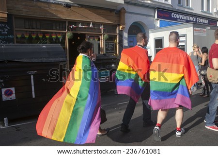 BRIGHTON, UK - AUGUST 07: Brighton Gay Pride parade. party of the 19th pride with over 15k people participating. A celebration of diversity and homosexual rights. august 07, 2014 in Brighton, UK.