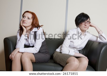 Two women waiting for interview. Office people.