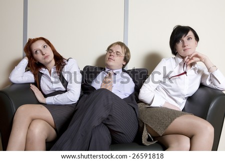 Women and man waiting for interview. Office people.