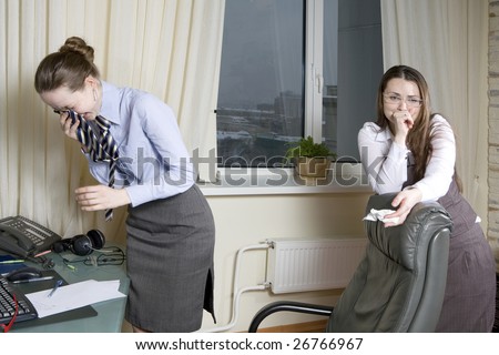 Boss has a bad mood. Secretary and boss are crying. Interior of office. Office people.
