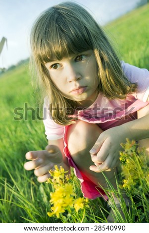 little cute girl looking at St.-John\'s wort. Summer time. Sharpness on flower