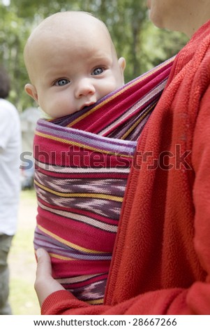 little cute girl six month old sitting in sling. Summer time