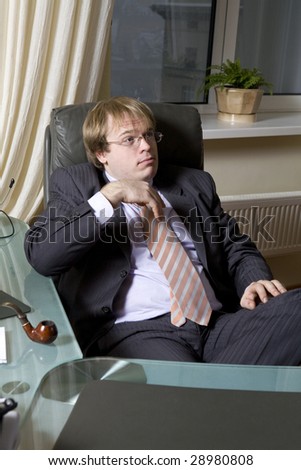 tired boss sitting on chair. Office people