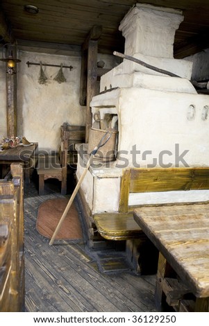 Russian stove. Interior of old russian home with traditional oven