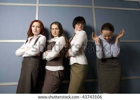 secretary waiting for report to boss. woman crying.  Office people