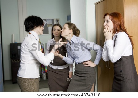 Two colleagues quarrel. Woman look at conflict