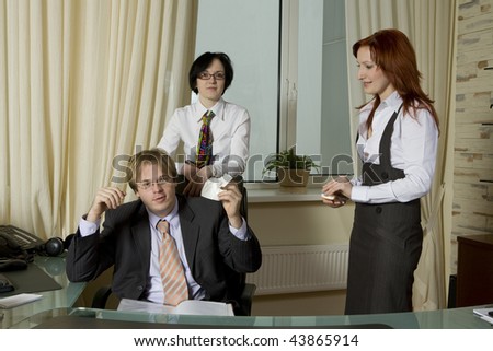 Business team over modern office background. Secretarys console crying boss