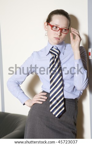 Secretary wearing glasses waiting for boss`s instructions. Office people