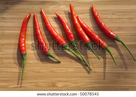 Red chillies on wooden plate