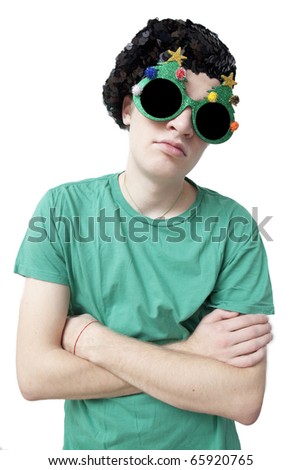 stock photo Cute nerd wearing green round glasses and beret