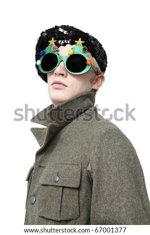 stock photo Cute nerd wearing green round glasses and beret