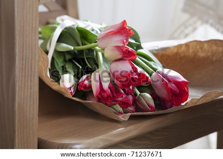 red tulips in paper  lying on chair in kitchen