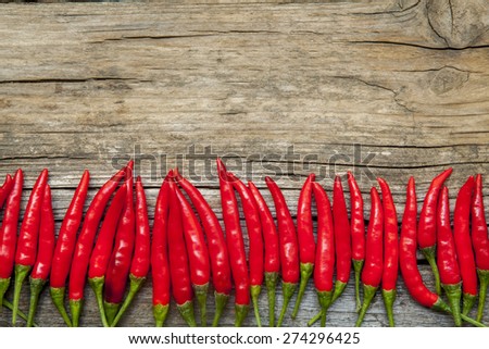 Chilies on wood lined up and arranged tightly next to each other horisontal with negative space