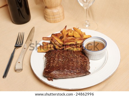 steak and fries on a plate with focus on the steak