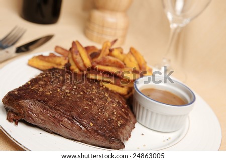 steak and fries on a plate with focus on the steak