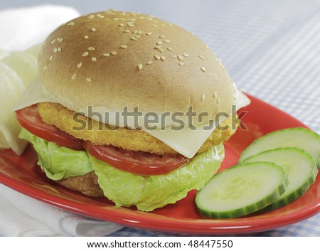 chicken hamburger with chips and cucumber on the side. Red plate and shallow depth of field.