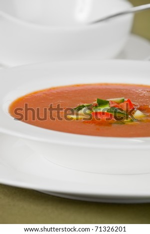 Cold soup called gaspacho in white dishware. Focus is on tomato and cucumber piece. Very shallow depth of field.