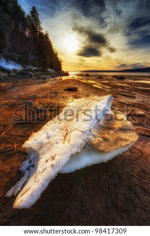 Beautiful landscape with a big ice block in the foreground. Spring time and global warming.