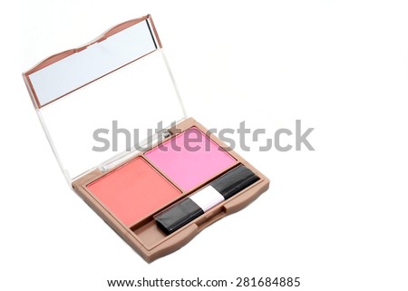 Make-up pink and orange powder with brush explosion on white background