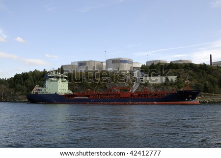 Oil tanker anchored off of Nacka strand coast near the city Stockholm in Sweden.