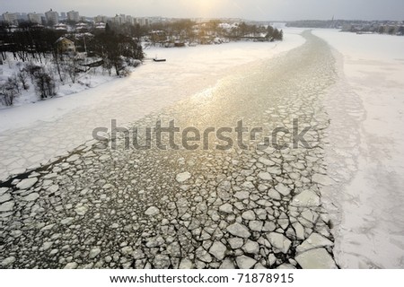 Broken Icy surface caused by ice breaker in frozen water, Stockholm, Sweden.