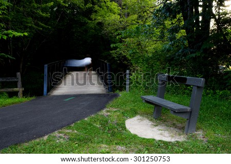 Bicyclist on bridge shown as blur to show motion of the rider. Image taken at the height of summer in an outdoor setting on a park trail.