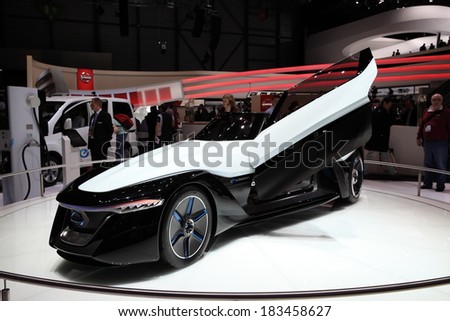 GENEVA, MARCH 6 : A Nissan Zero emission electric car on display at 84th international Geneva motor show Show Palexpo-Geneva on March 6, 2014 in Geneva, Switzerland.