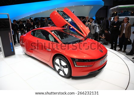 GENEVA, MARCH 3: Volkswagen VW XL1 1-litre  diesel-powered plug-in hybrid  car on display at 85th international Geneva motor Show at Palexpo-Geneva on March 3, 2015 in Geneva, Switzerland.