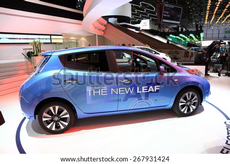 GENEVA, MARCH 3: Nissan new leaf 100% electric car on display at 85th international Geneva motor Show at Palexpo-Geneva on March 3, 2015 at Geneva, Switzerland.