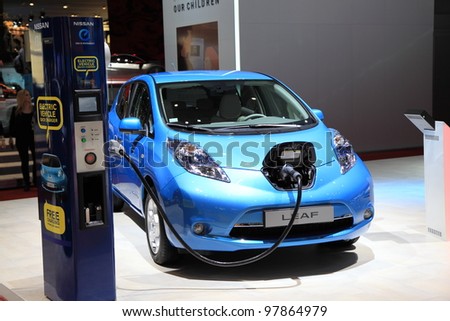 GENEVA, MARCH 8 : A Nissan  leaf electric vehicle  car on display at 82th International Motor Show Palexpo-Geneva on March 8, 2012 in Geneva, Switzerland.