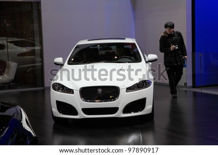 GENEVA, MARCH 8 : A JAGUAR car on display at 82th International Motor Show Palexpo-Geneva on March 8, 2012 in Geneva, Switzerland.