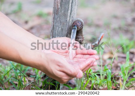 hands catching water from a tap in hands in garden