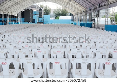 Bangkok, Thailand - July 13:Set up White plastic chair in event Bike For Mom at The Royal Plaza.Thailand on July 13, 2015.