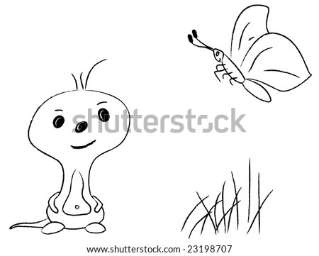 stock photo An outline of a cute baby alien watching a flying butterfly