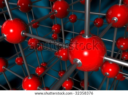 Rendered Molecule with red atoms and chromed metal  joints(Abstract)