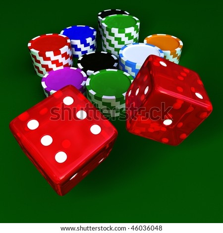 Casino chips and transparent red dices on green table