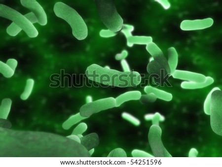 3d rendering of a group of green bacteria with depth focus effect