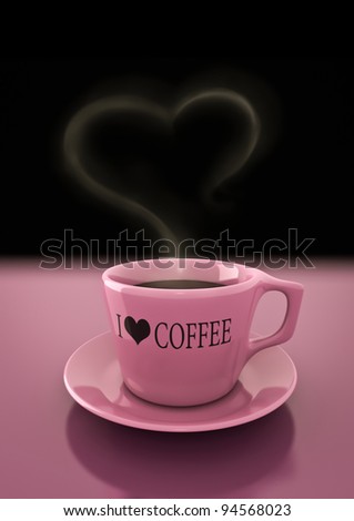 rendering of a coffee cup with an heart shape smoke