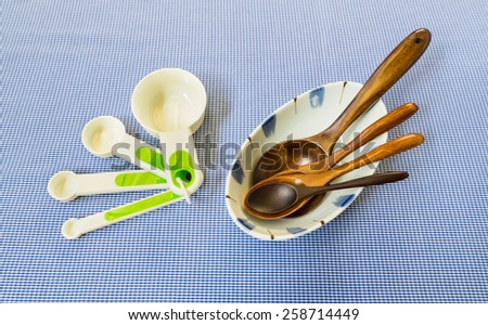 Measure Spoon Set with Four Wooden Spoon on White Bowl Placed on Squared Background