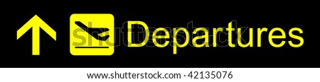 Airport yellow departures sign on a black background