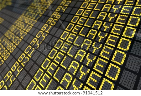 Close-Up of an international airport board panel with all flights delayed