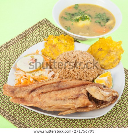 tilapia with coconut rice and fried plantains salad soup
