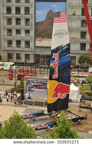 SAN FRANCISCO- MAY 17: America\'s Cup 45 catamaran is in Union Square for an announcement by Red Bull of the Red Bull Youth America\'s Cup starting in the summer of 2013 on May 17, 2012