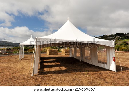 Tents in a field with some brown grass outside