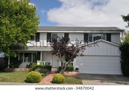 White single family house with tree and grass in front